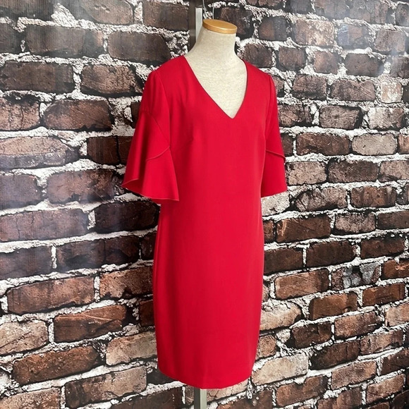 Trina Turk Dress Red Knee Length Sheath V-Neck Bell Sleeves Size 2 - Picture 6 of 16
